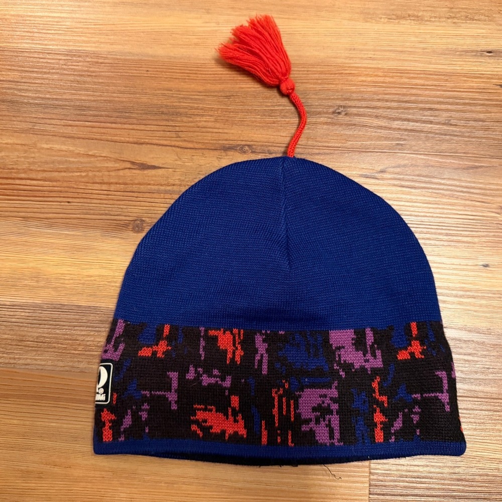 Pearl Izumi Vintage Cycling Beanie Blue Purple Abstract Tassel Fleece Lined Hat